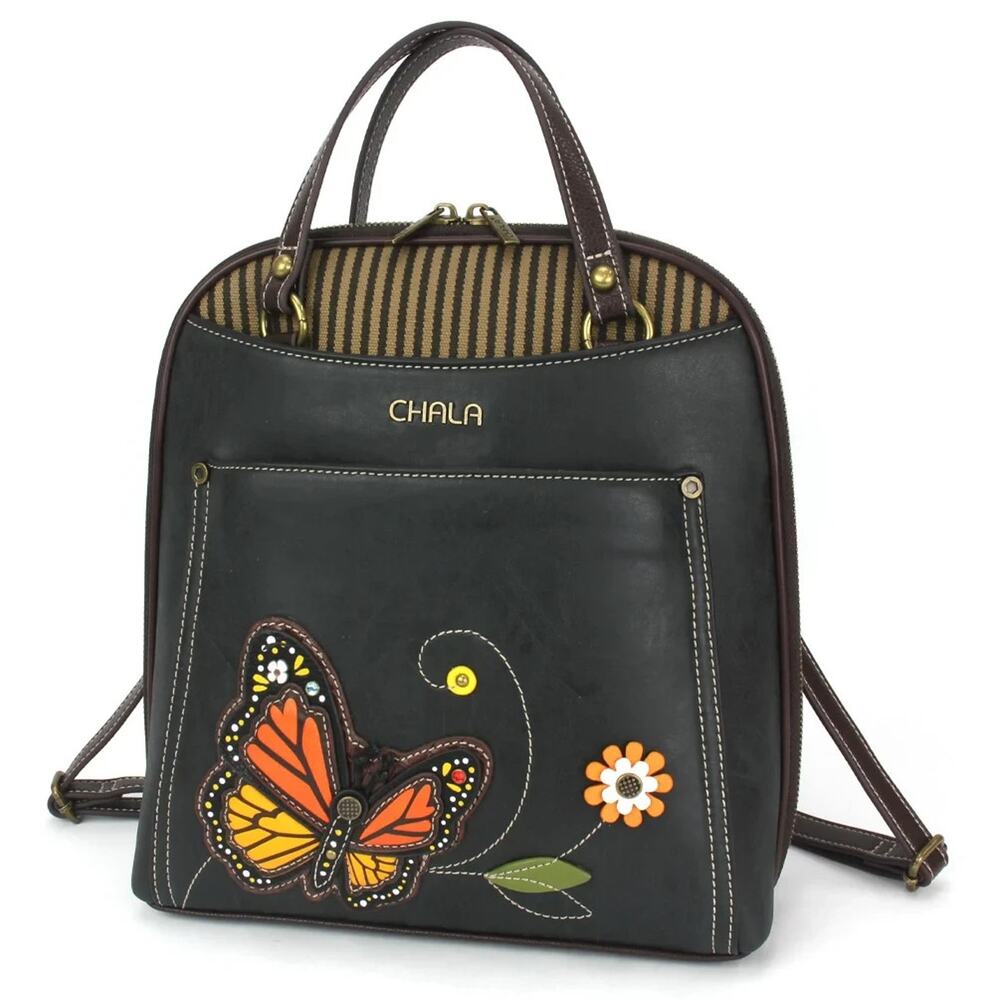 Chala Convertible Faux Leather Backpack Purse - Monarch Butterfly, Black NWT